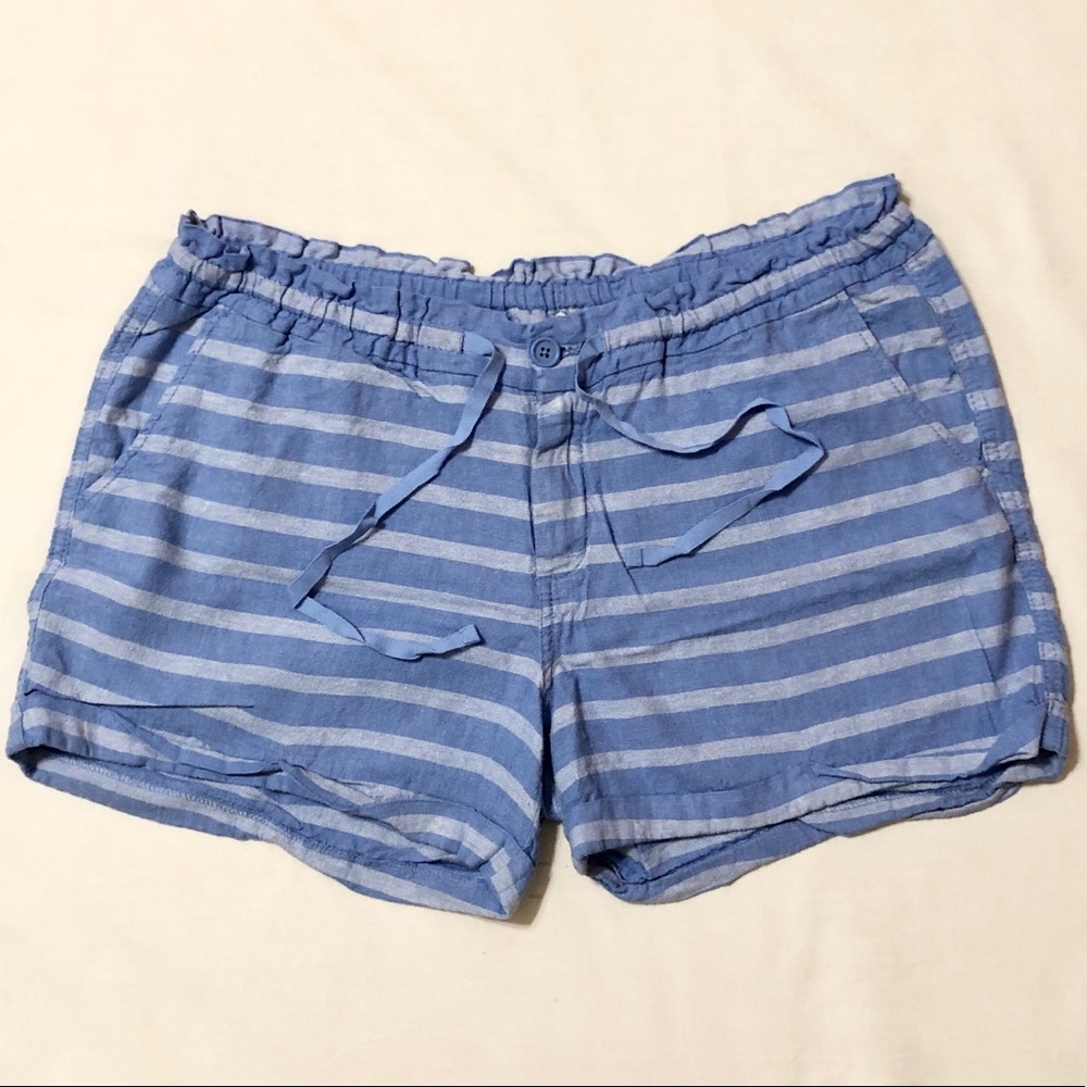 Old Navy Women’s Blue Striped Linen Short Shorts, Cuffed Legs, Drawstrings - 14